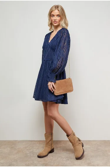 Animal Jacquard Trim Detail Balloon Sleeve Mini Dress