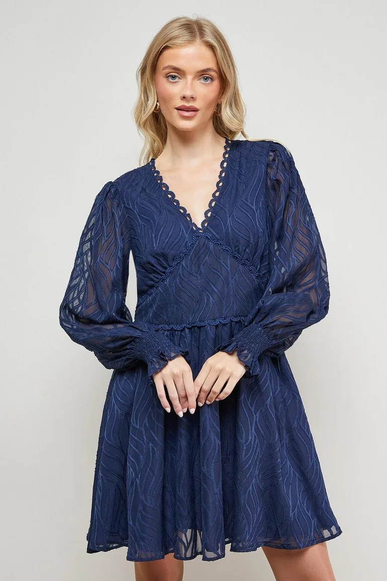 Animal Jacquard Trim Detail Balloon Sleeve Mini Dress - 1