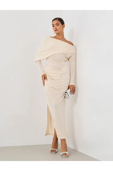Plain Long Sleeves Sheath Dress with Pearl Belt