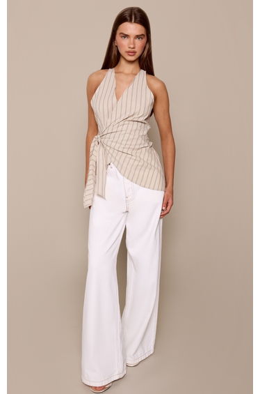 Beige Stripe Knot Tie Detail Sleeveless Shirt