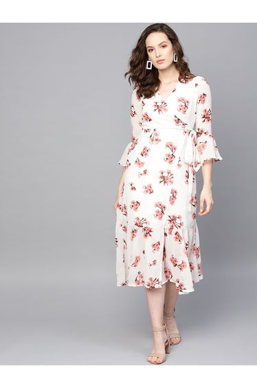 Floral Print A-Line Wrap Midi Dress
