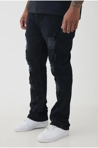 Plus Distressed Multi Ripped Skinny Flared Jeans - true black