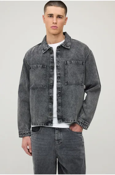 Boxy Oversized Washed Denim Overshirt Shirt - mid grey