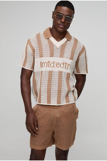 Regular Fit Crochet Stripe Football V Neck Knitted Shorts Set