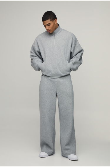 Oversized Boxy Slouchy Quarter Zip Funnel Neck Tracksuit - grey marl
