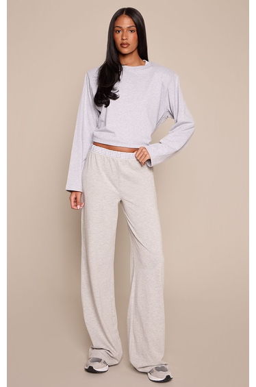 Tall Grey Cotton Checked Waistband Detail Jersey Wide Leg Trouser