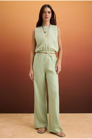 Water Green Elastic Waist 100% Linen Woven Pants
