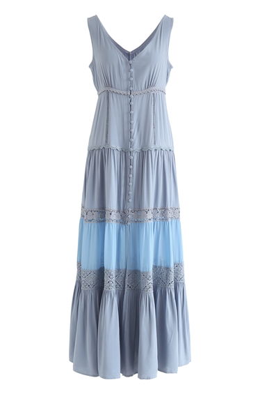 Crochet Trims Panelled Button Down Sleeveless Maxi Dress in Dusty Blue