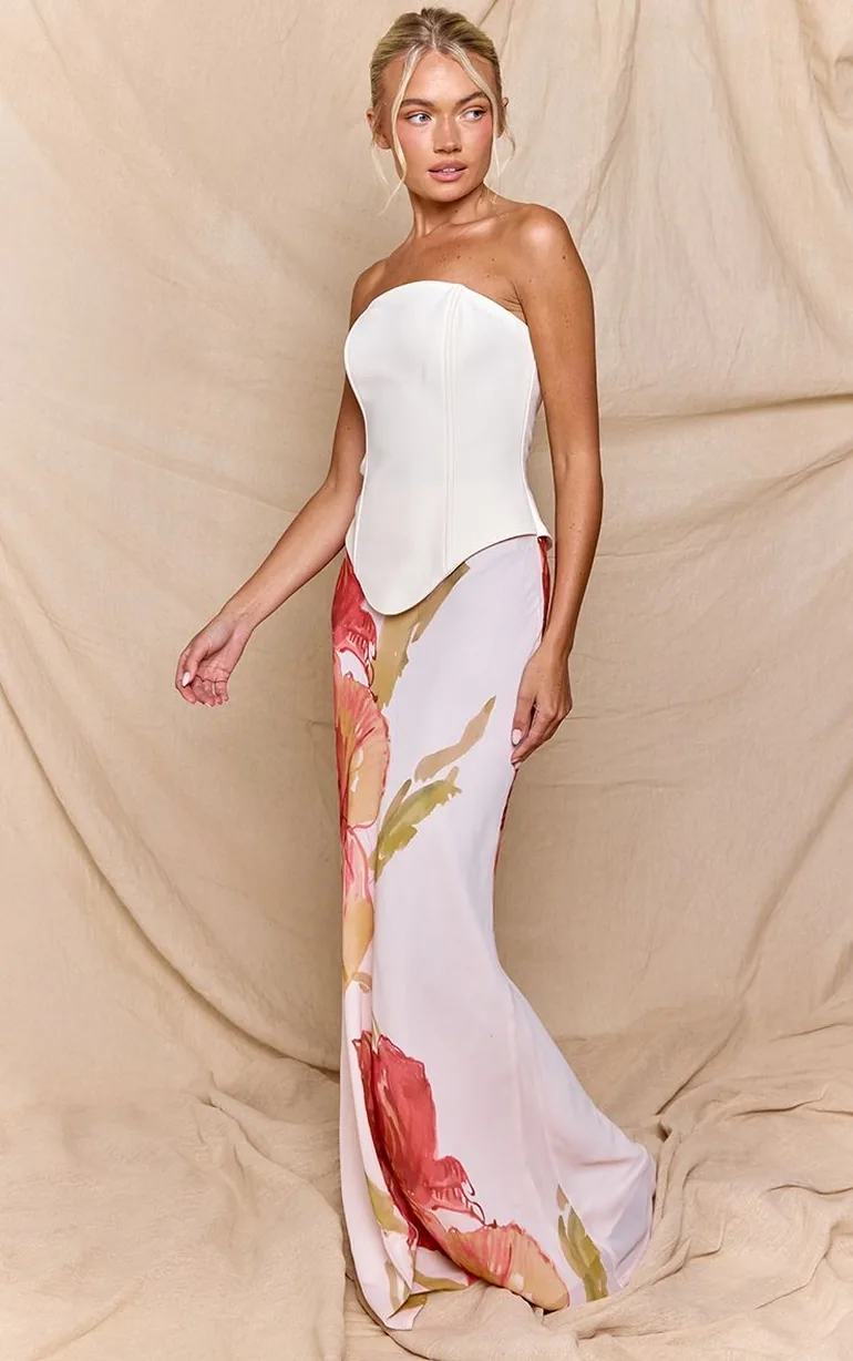 Cream Tailored Bodice Contrast Printed Maxi Dress - 2