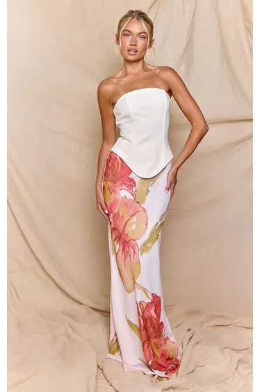 Cream Tailored Bodice Contrast Printed Maxi Dress