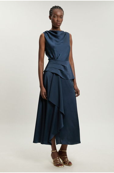 Petite Textured Satin Ruffle Detail Sleeveless Midi Dress