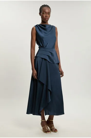 Petite Textured Satin Ruffle Detail Sleeveless Midi Dress