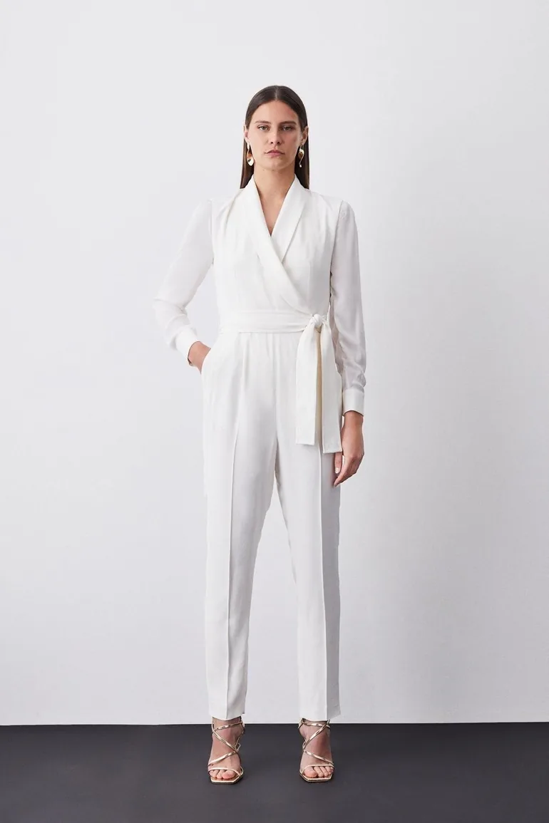 Sheer Sleeve Tuxedo Wrap Jumpsuit