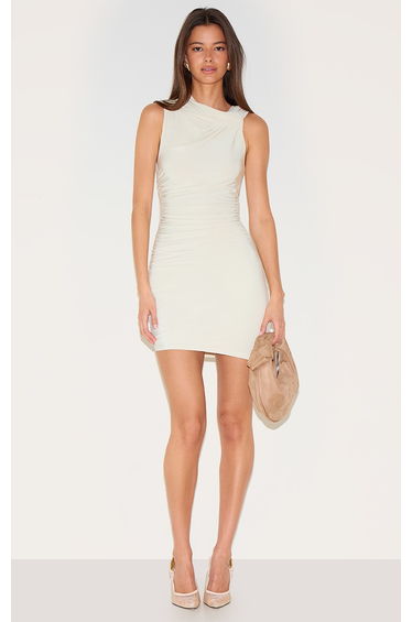 Butter Cream Double Layer Slinky Ruched Bodycon Dress