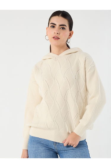 Cream Pointelle Oversized Hooded Sweater