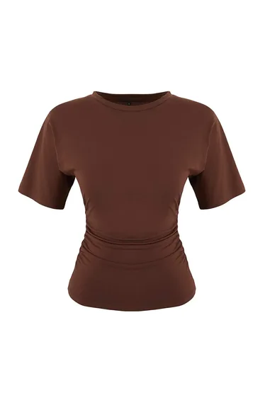 Wardrobe Essentials-Brown Fitted Short Sleeve Stretch Knit T-Shirt