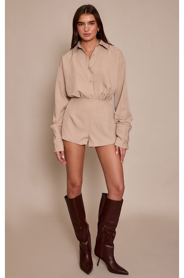 Stone Woven Pinstripe Long Sleeve Button Up Playsuit