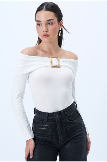 Women's White Madonna Collar Buckle Detailed Soft Textured Lycra Knitted Blouse