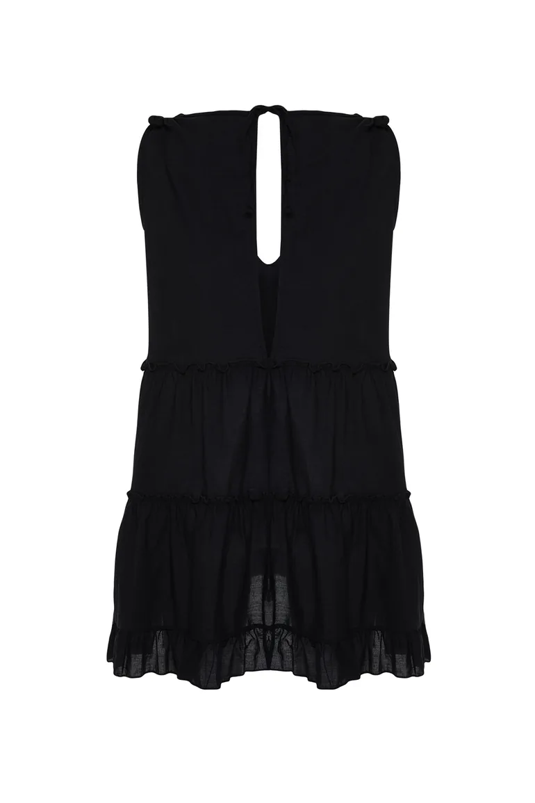 Black Wide Fit Mini Woven Ruffle 100% Cotton Beach Dress - 5