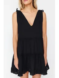Black Wide Fit Mini Woven Ruffle 100% Cotton Beach Dress - 2