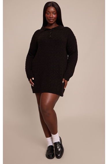 Plus Black Boucle Cable Knit Mini Shirt Dress