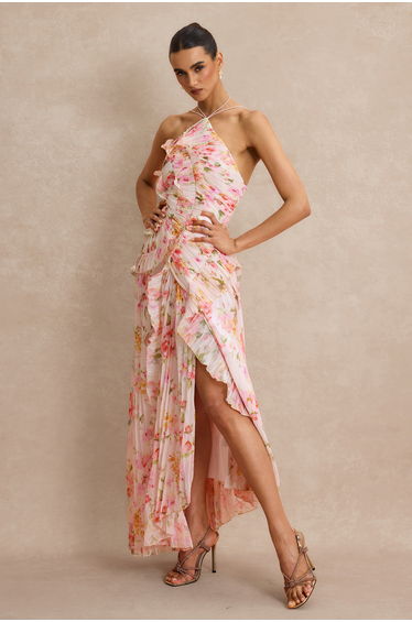 Pleated Frill Halter Neck Midi Dress