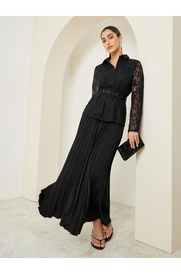Lace Belted Shirt and Pleated Skirt Co-Ords