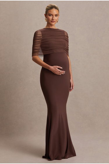 Zaria | Brown Crew-Neck Maxi Dress With Cape-Overlay