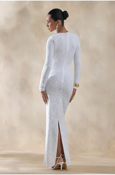 Evangela | White Lace Crew-Neck Maxi Dress With Wrap-Detail