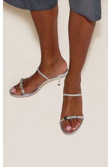 Silver Buckle Sling Back Round Toe Heeled Sandal