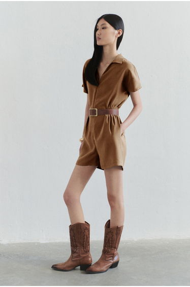 Limited Edition Camel Elastic Waist Zipper Detail Modal Mini Woven Jumpsuit