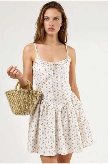 BUSEM Floral U Collar Mini Dress with Tie Detail