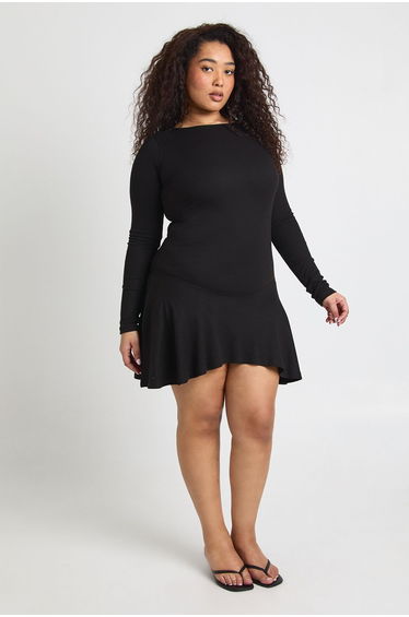 Plus Rib Dropped Hem Skater Dress - black