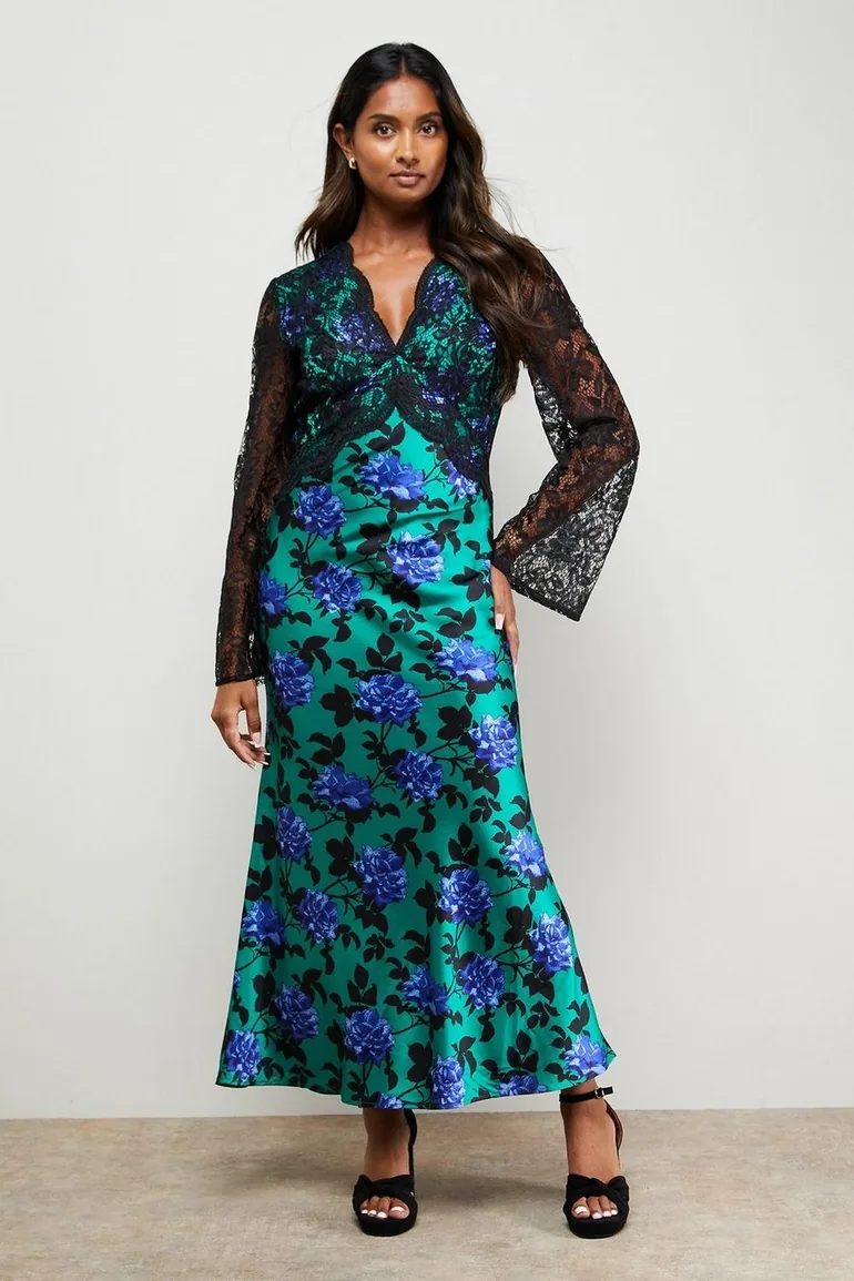 Printed Lace Bodice V Neck Satin Midi Dress Oasis Multicolour : Evening  Dresses : VogaCloset Oman