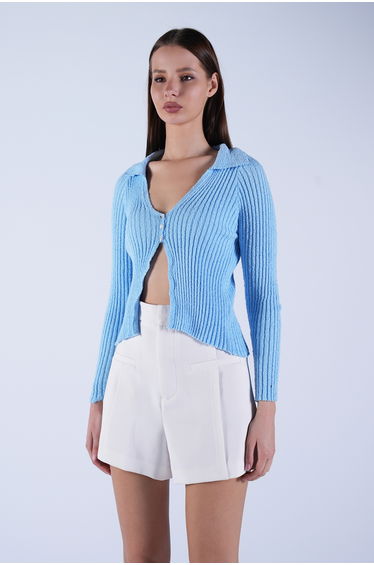 Women's Blue Polo Collar Knitwear Cardigan
