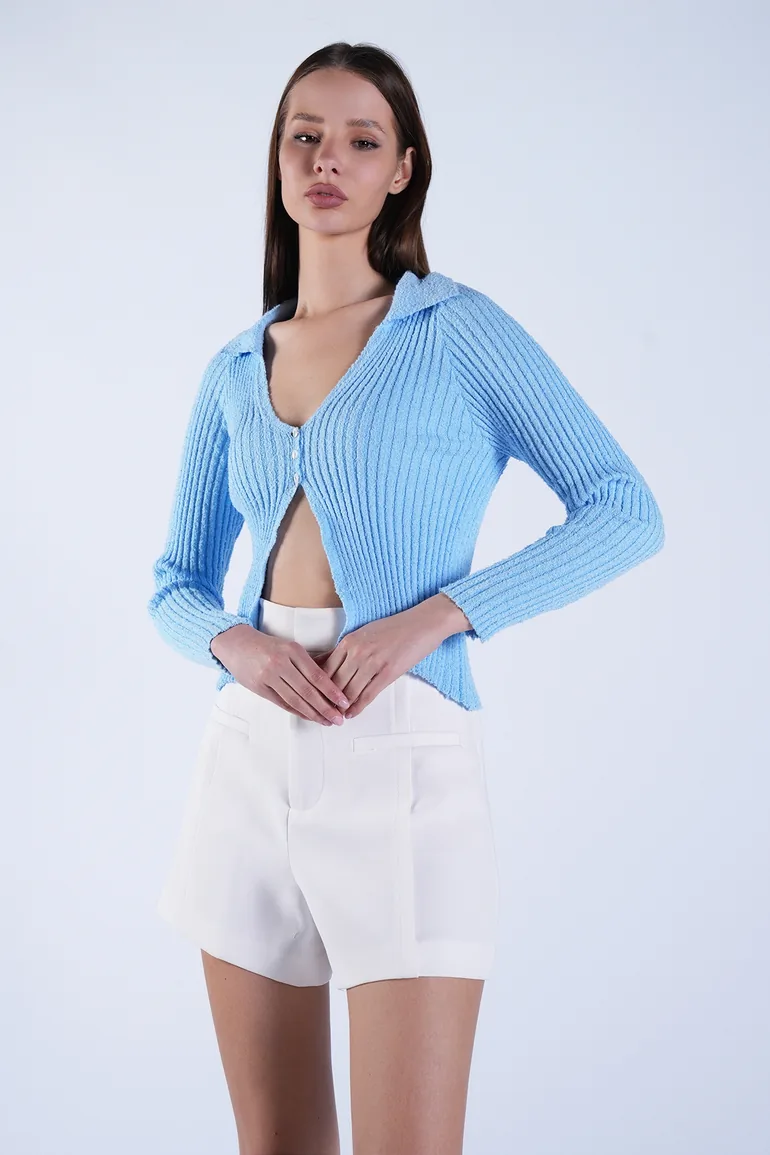 Women's Blue Polo Collar Knitwear Cardigan - 4