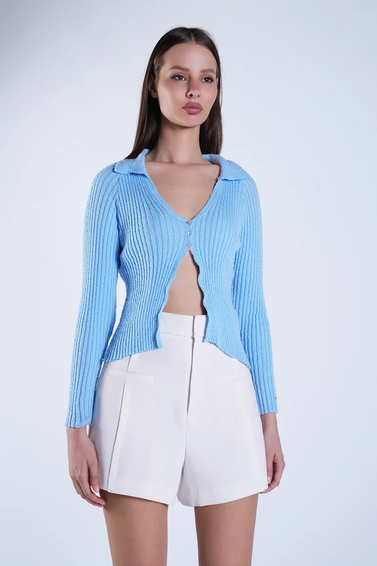 Women's Blue Polo Collar Knitwear Cardigan - 3