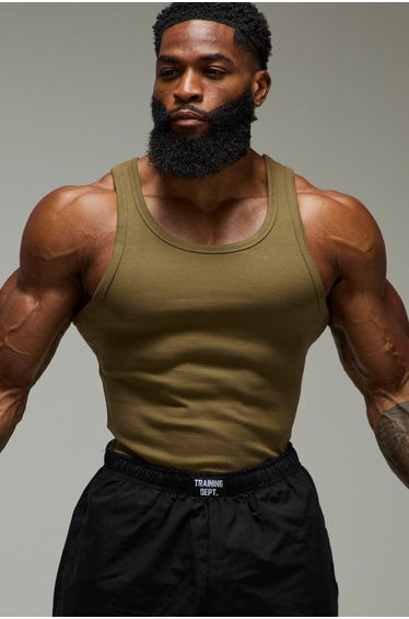 Man Active Gym Muscle Fit Ribbed Vest - khaki