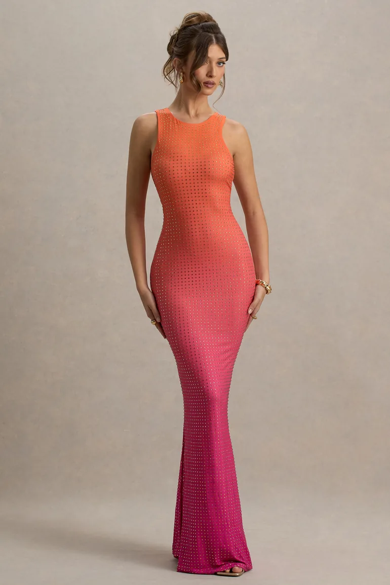 embellished maxi dress in red and orange ombr Melissa Ombre Maxi Dress - Orange/combo