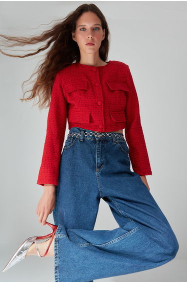 Red Tweed Crop Fitted Woven Jacket