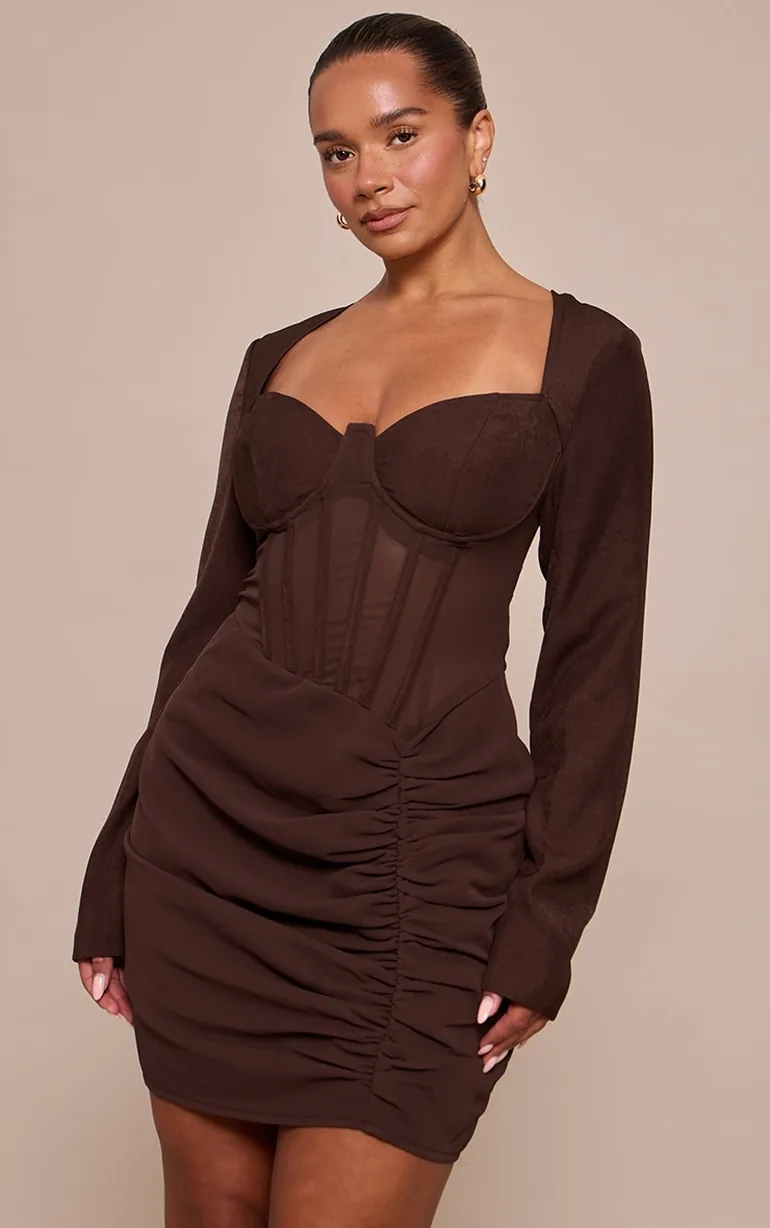Shape Chocolate Mesh Insert Corseted Ruched Side Mini Dress Prettylittlething Brown : Party Dresses : VogaCloset Oman Shape Chocolate Mesh Insert Corseted Ruched Side Mini Dress Prettylittlething Brown : Party Dresses : VogaCloset Oman