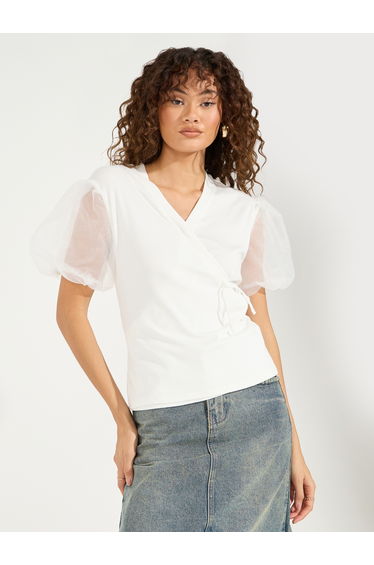 Flat Knit Wrap Top with Puff Sleeves