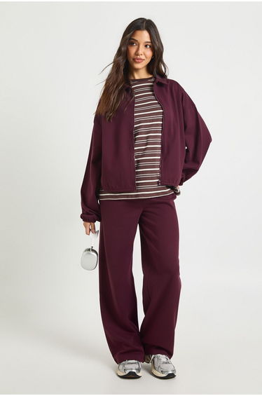 Interlock Bubble Hem Zip Through Bomber Jacket - burgundy