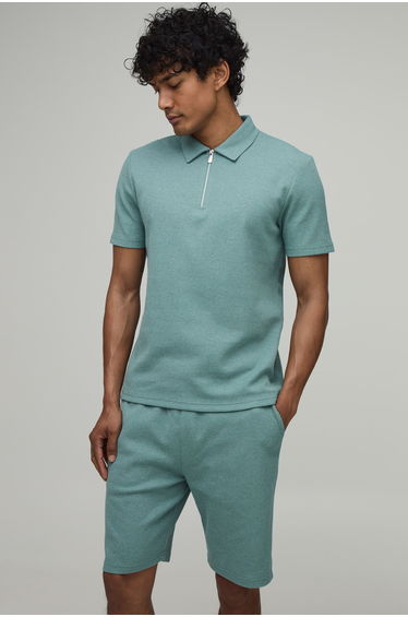 Slim Fit Waffle Polo & Short Set - sage