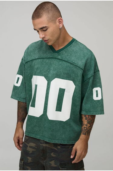Oversized Boxy Seam Detail Washed 00 Print V-Neck Baseball Sports Top - green