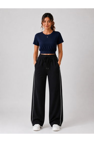 Black High Rise Contrast Piping Wide Leg Joggers