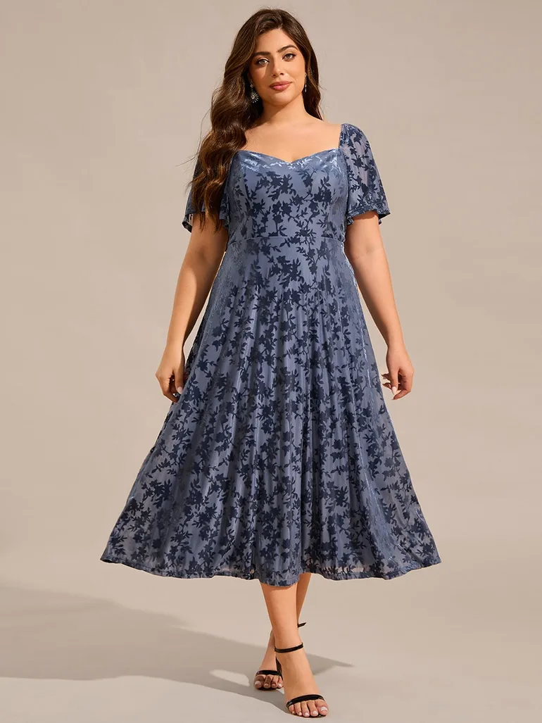 ever BLOOM|Elegant Stretchy Short Sleeve Tea Length Velvet Wedding Guest Dress