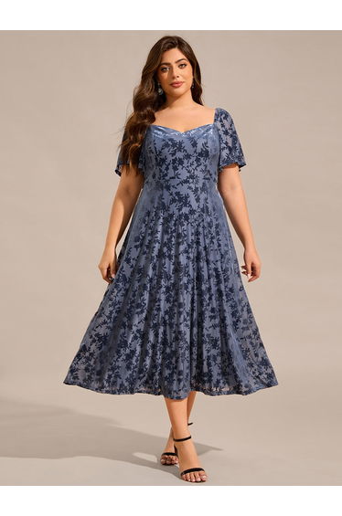 ever BLOOM|Elegant Stretchy Short Sleeve Tea Length Velvet Wedding Guest Dress