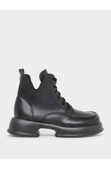 Women Black Lace-Up Chunky Heel Ankle Boots