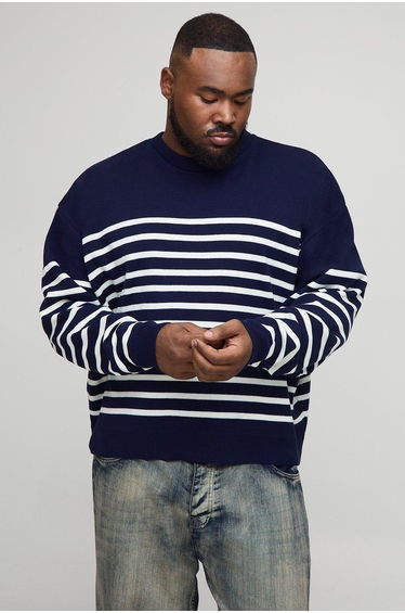 Plus Knitted Stripe Oversized Crew Neck Jumper - dark navy